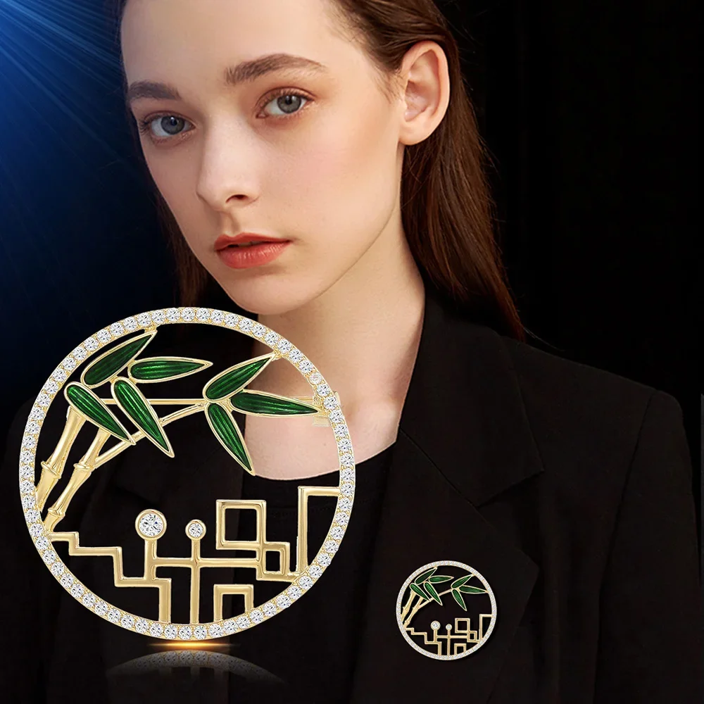 Classical Beauty Light Luxury Brooch Enamel Bamboo Leaf Hollow Rhinestone Circle Brooches Corsage Jewelry Accessories Pins