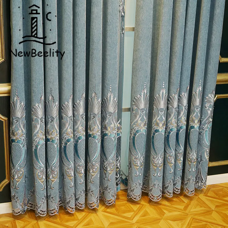 Cortinas bordadas huecas de lujo para sala de estar, comedor, dormitorio, ventana, Blackout, chenilla, cortinas personalizadas, gris, azul