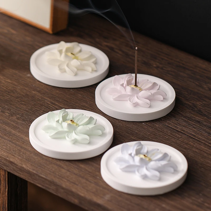 Gypsum Lotus Flower Fragrance Base Ornaments, Home Indoor Zen Tea Ceremony Decor, Chinese Style Small Incense Burner Holder, 1Pc