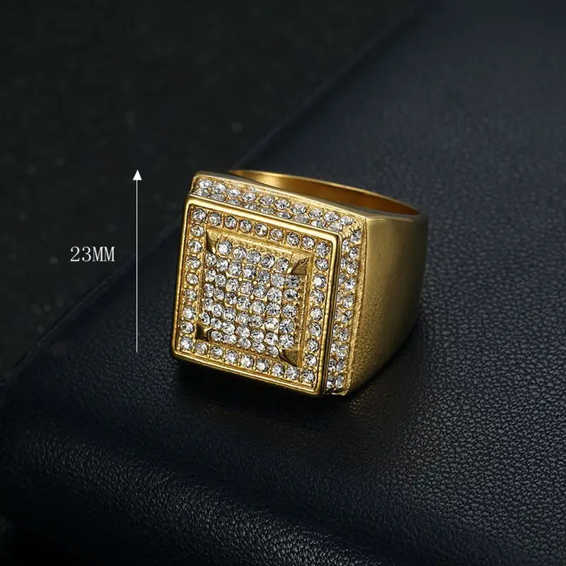 HIP hop Signet Ring for Men, gold color Square Top Stainless Steel rhinestone Finger Band, Gothic Punk Rock Boy Stamp Rings 3