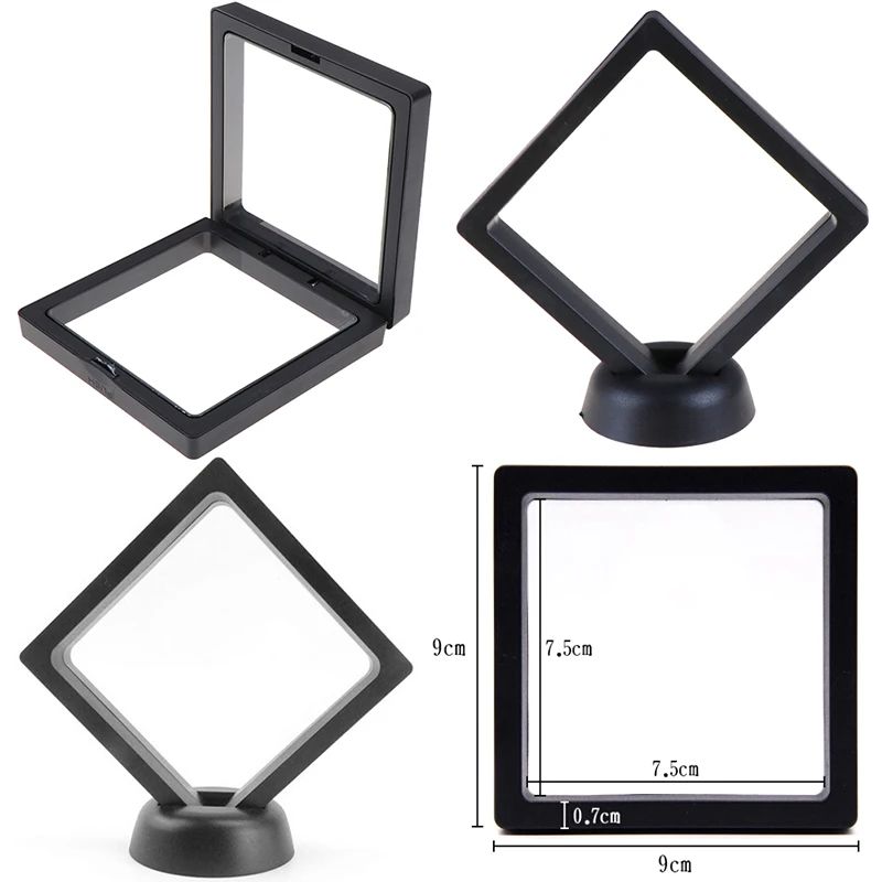 

90*90mm Black 3D floating jewelry coin display frame holder box case w/ stand