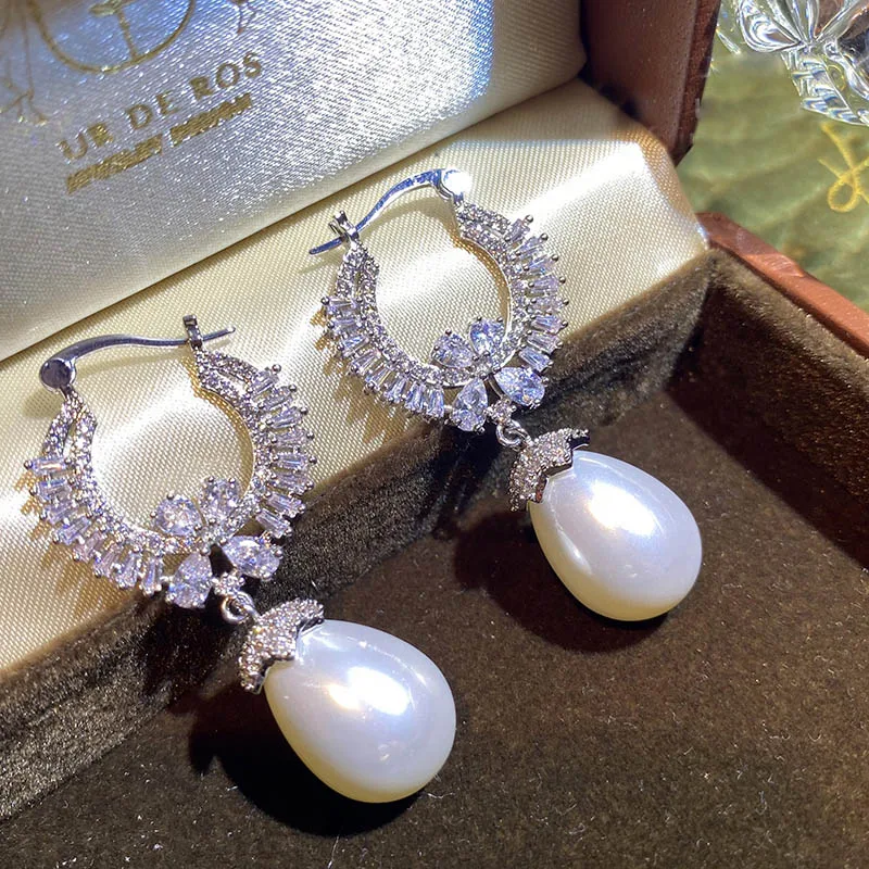 

Simple pearl pendants circles girls' diamonds earring gorgeous women garland banquet wedding jewelry