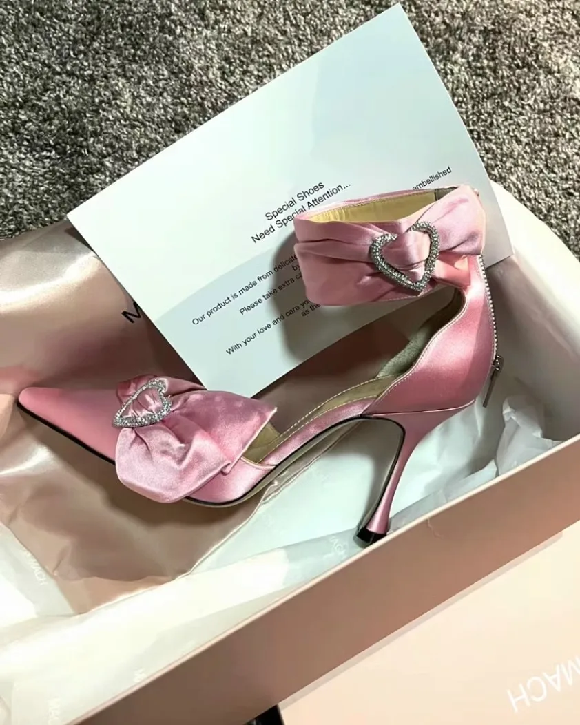 

Pointed Toe Stiletto Heel Shallow Pumps Women Shoes Pink Satin Rhinestone Heart High Heels Fairy Style Back Zip Sandals Sandalia