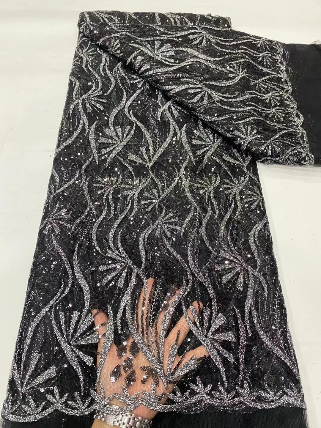 

Black African Sequence Tulle Lace Fabric 2023 High Quality Sequins Net Embroidery Lace Fabric French For Woemn Evening Dress Sew