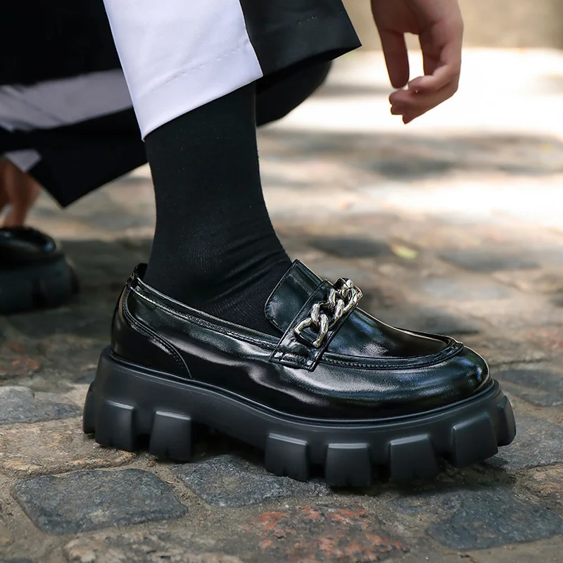 Men Thick Sole Heighten Business Casual Japan Harajuku Streetwear Fashion Punk Hip Hop Genuine Leather Cowhide Loafers Shoes