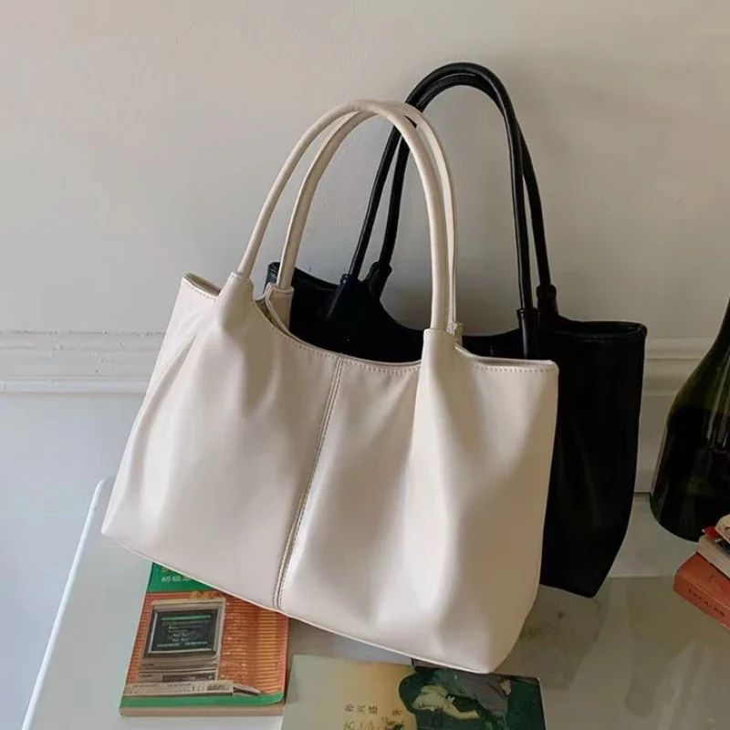 Simple White Shoulder Bag 2026 Women's PU Leather Soft Underarm Tote Bag School Large Capacity Bag Full Student Shopping Handbag