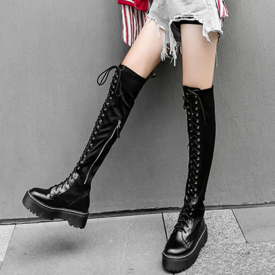 

Plus Size Platform Pumps Women Knitted Elastic Fabric Over The Knee High Boots Female Lace Up Round Toe Thigh High Casual Shoes