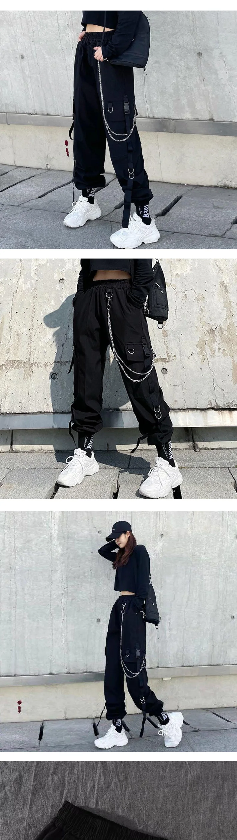 Women’s Black Cargo Pants Thin Oversized Trousers With Silver Chain Detail