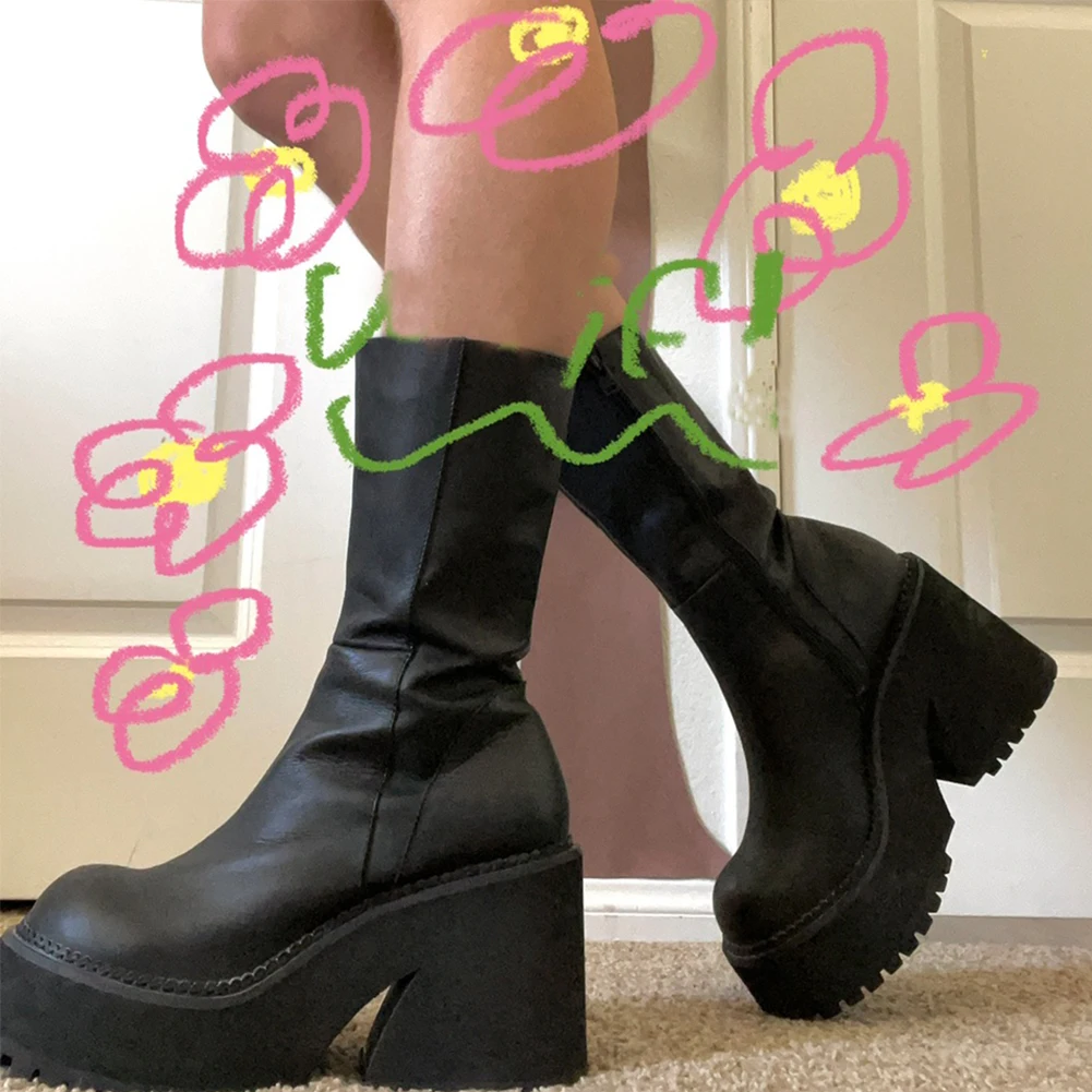 GIGIFOX Goth Platform High Heels Zip Chunky Women's Boots Black Punk Thick Bottom Motorcycle Boots Cosplay Y2K Casual Shoes