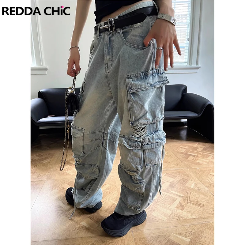 

ReddaChic 90s Retro Skater Cargo Pants for Women Y2k Blue Wash Ripped Holes Destroyed Baggy Jeans Boyfriend Hip Hop Streetwear