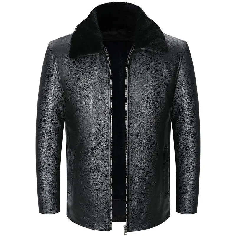 

2022 Classical Winter Men's Black Real Leather Biker Jacket Detachable Fur Collar Liner 100% Natural Cowhide Thick Warm Coat 5XL