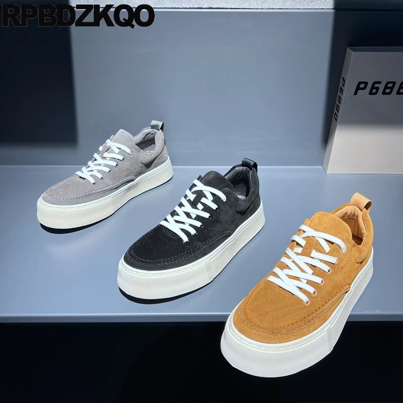 

High Sole Lace Up Flatforms Round Toe Sneakers Sport Tan Trainers Men Flats Real Leather Fur Shoes Skate Nubuck Athletic Muffin