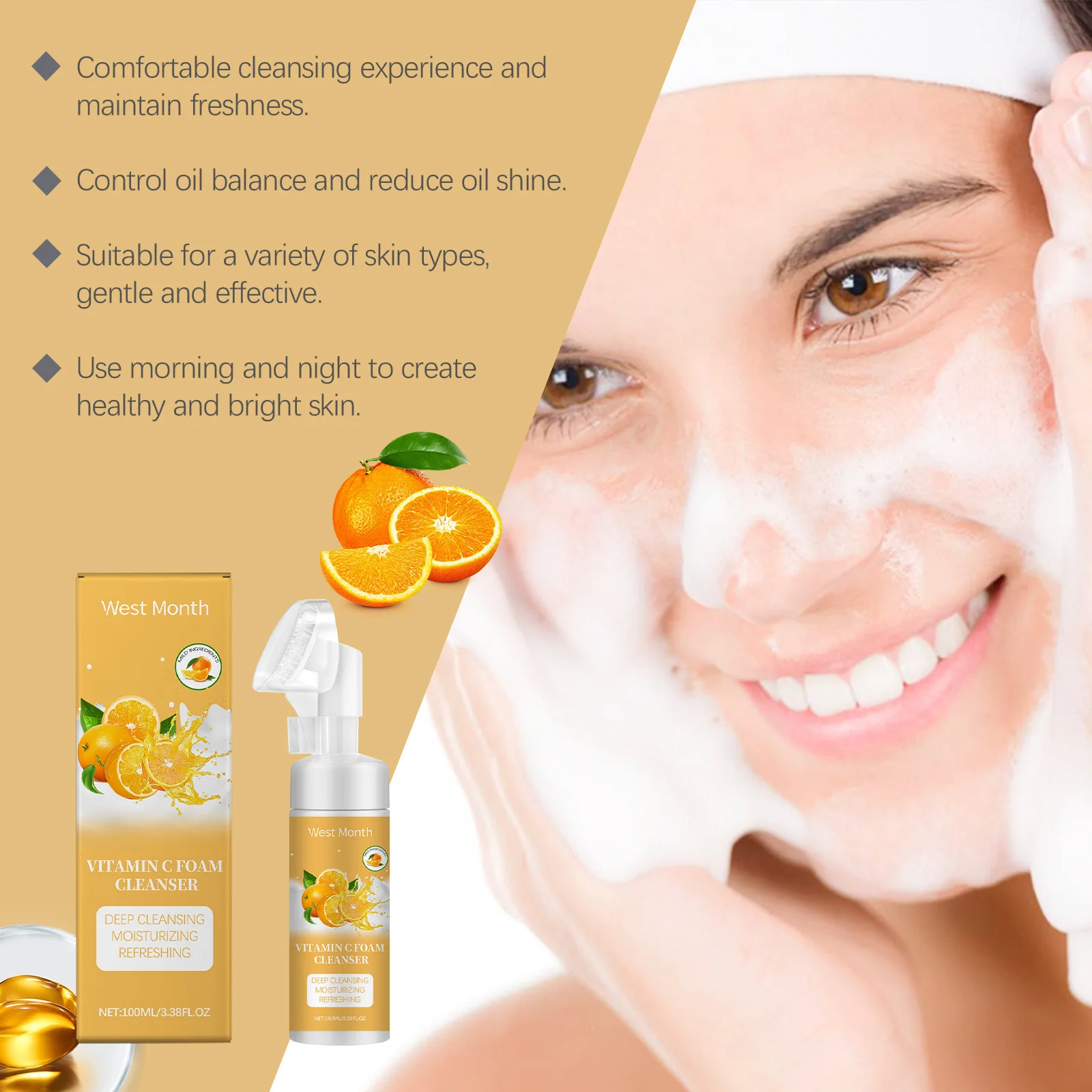 West&Month Facial Cleanser Foam Brightening Moisturizing Oil Control Soothing Acne Remover Massasge Cleansing Face Wash Mossee 2