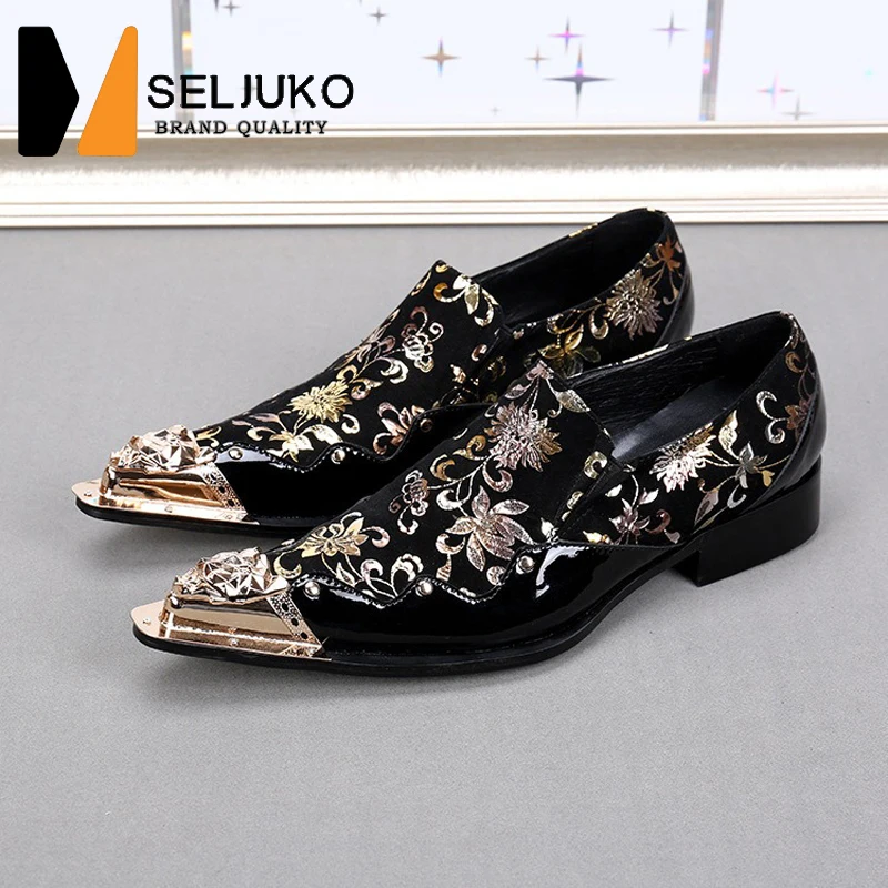 

European trendy wedding Shoes Black Gold Design Men Business Party Dancing Dress Shoes Point Toe Genuine Leather Oxford shoes