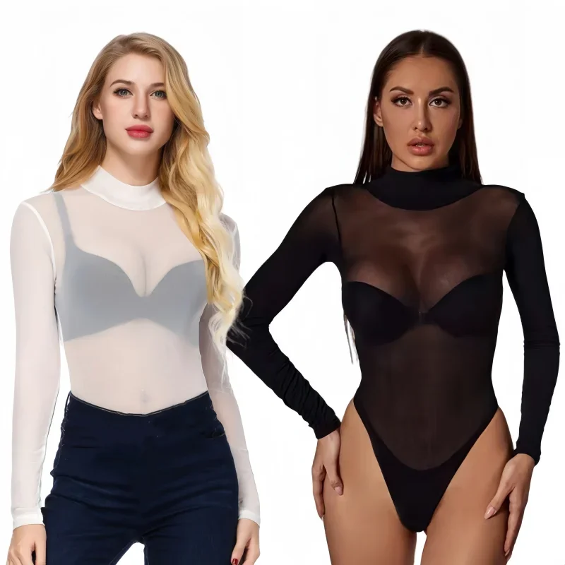 Women Black Long Sleeve Bodycon Body Suits Plus Size One-pieces See Through Bodysuits  Sexy Shirts Tops for Woman Club Streetwear