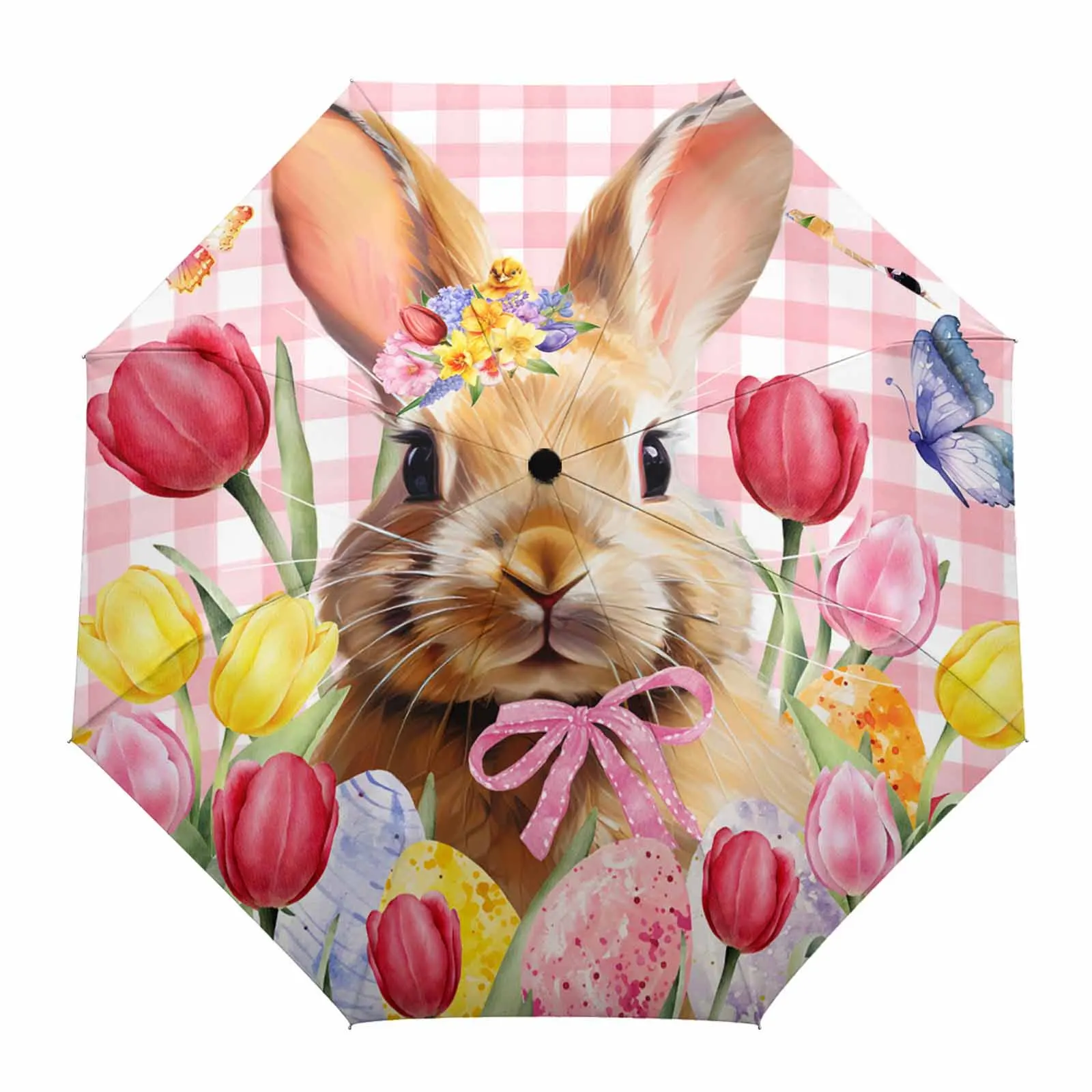 

Пасхальный розовый зонт в клетку с принтом тюльпан кролик бабочка наружные Полностью Автоматические Складные восьмижильные зонты для взрослых