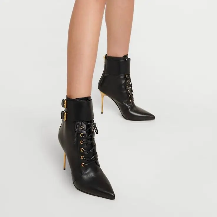 

Lace-up Ankle Boots Belt Buckle Cross Straps Stiletto Metal Heels Sharp Pointy Toes Designer Suede Sexy Women‘s Shoes Winter