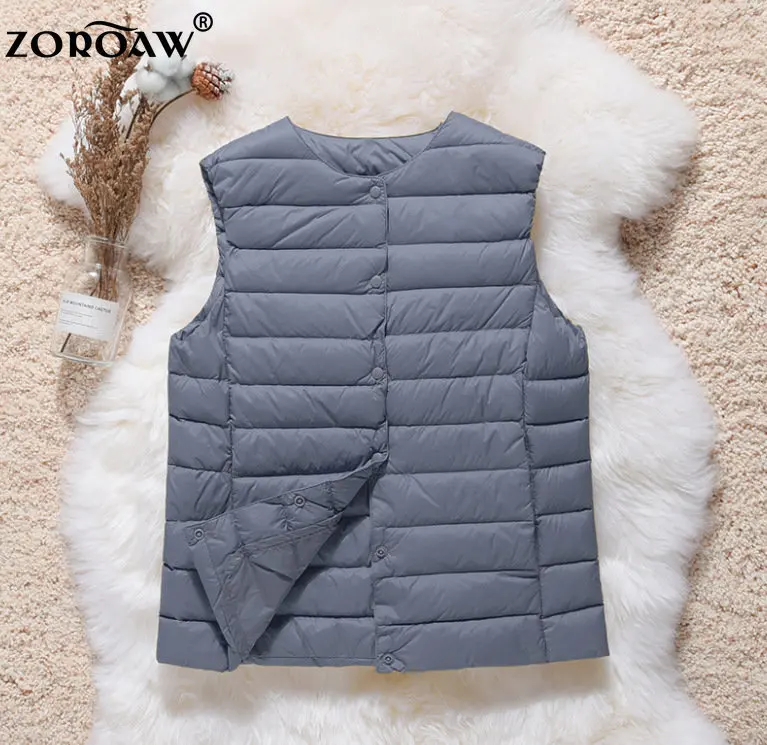 

ZOROAW 90% Ultra Light White Duck Down New Causal Women Vest Waistcoat Puffy Padded Warm Sleeveless Jacket V-Neck Or O-Neck Coat