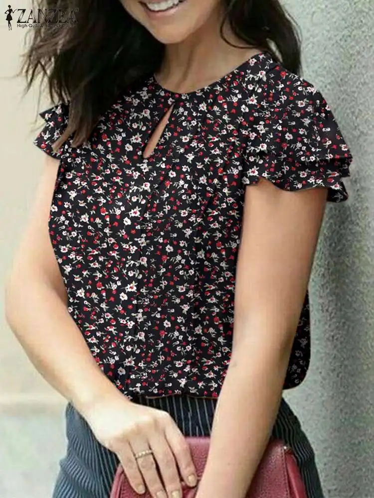 

Summer Bohemian Women Short Sleeve Blouse 2023 ZANZEA Casual Ruffles Hem Blusas Elegant Pleated Floral Print Shirt Holiday Tops