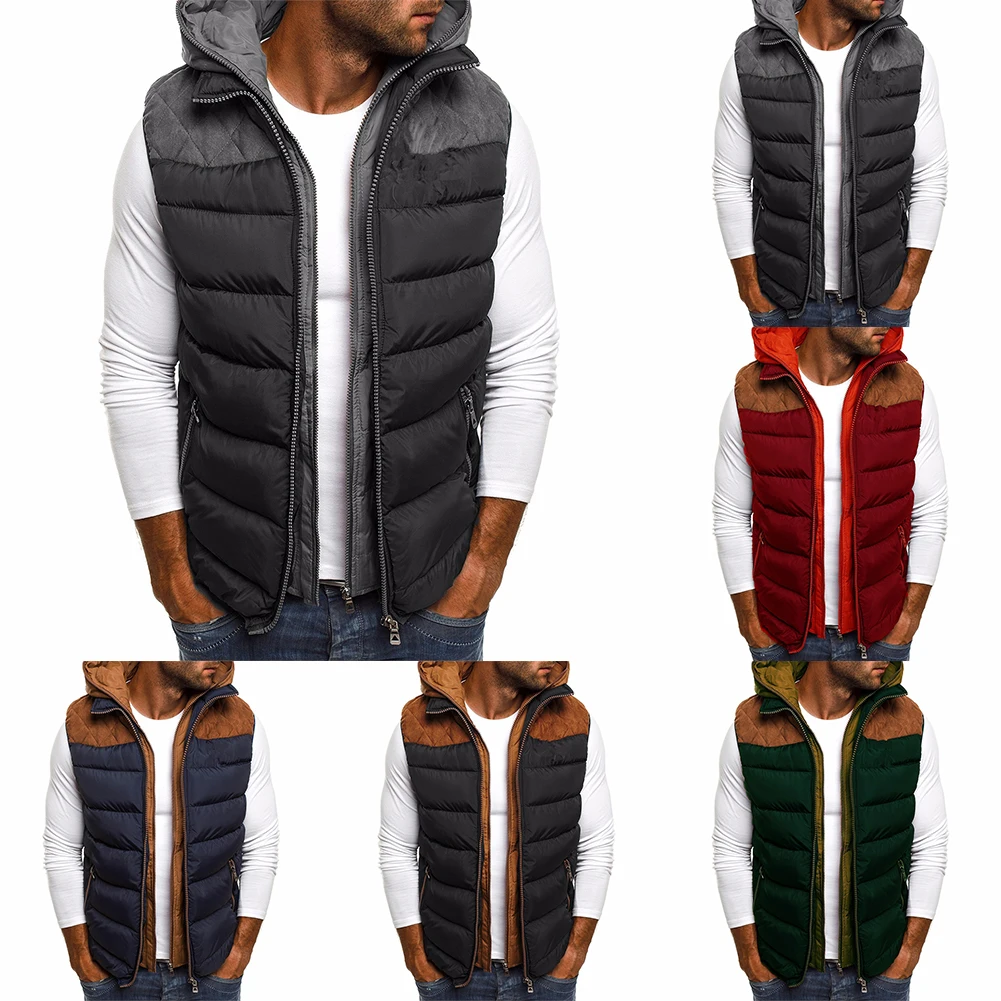 

Men's Winter Sleeveless Hooded Vest Coat Colorblock Jacket Outdoor Warm Quilted Padded Coat Outwear-Waistcoat