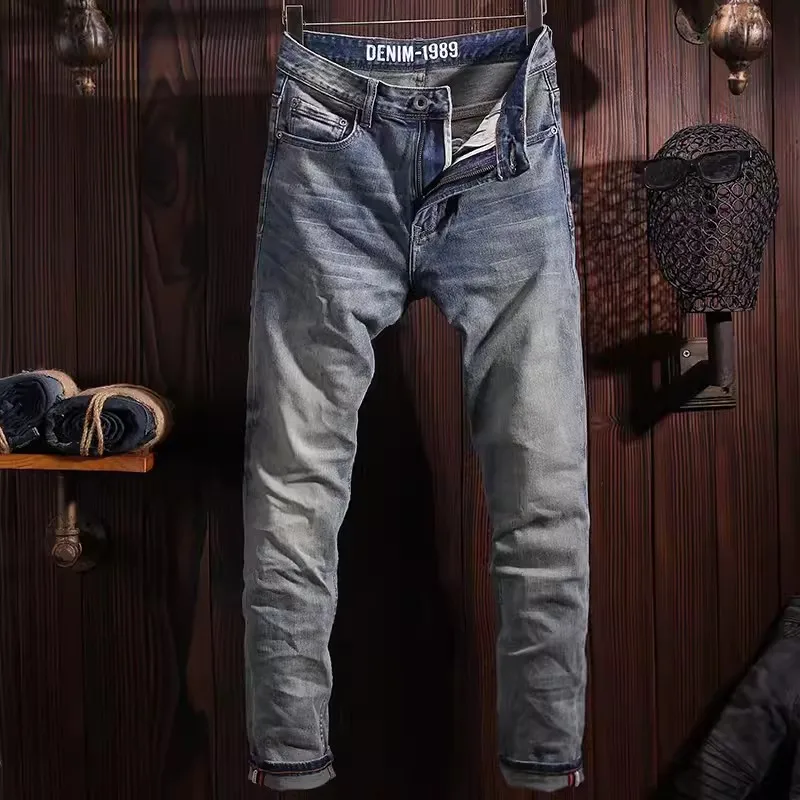 Italian Style Fashion Men Jeans High Quality Retro Washed Blue Stretch Slim Fit Vintage Jeans Men Designer Denim Pants Hombre