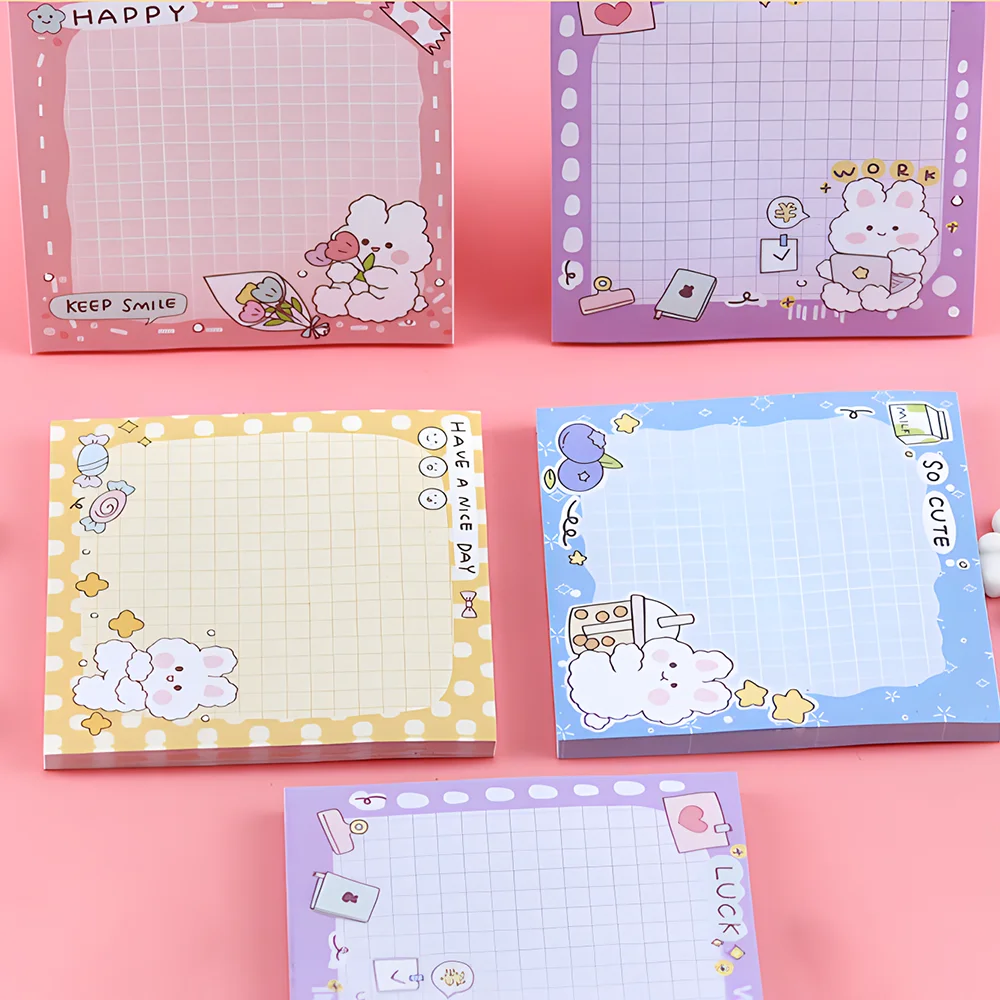 Self-adhesive Cute Kawaii Girl Bunny Grid Sticky Notes Plaid Memo Pad Post Notepad Stationery Index Tab Check List To Do Planner 2