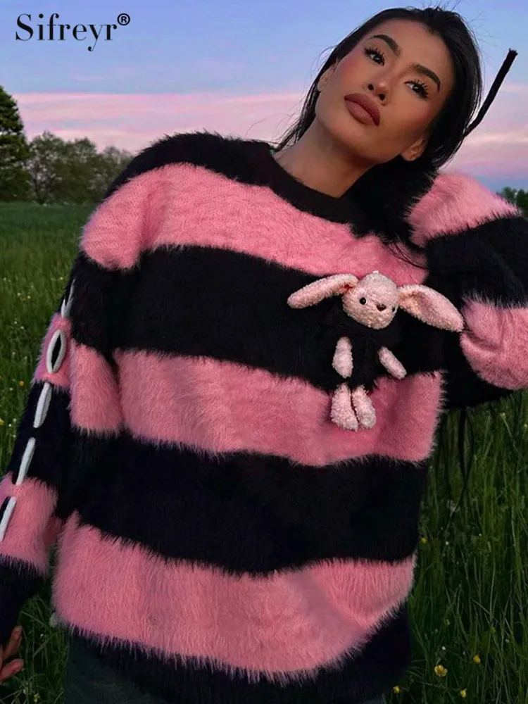 

Sifreyr Fashion Stripe Knitted Sweater Women Autumn Winter Long Sleeve 3D Rabbit Loose Pullover Pink Knitwear Top Y2K Streetwear