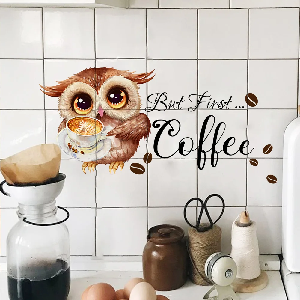 Cartoon Owl Coffee Cup Wall Stickers For Kitchen Restaurant Decoration Mural Cafe Pattern Room Home Decor Self-adhesive Wallpaper