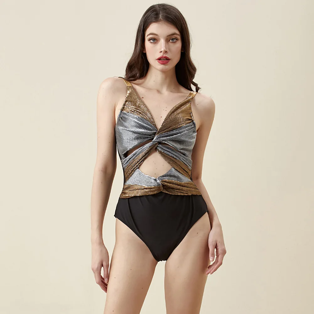 2023 New One-piece Swimsuit Sexy Hollow Color Contrast Stitching Swimwear and Umbrella Skirt Suit Bikinis Beachwear Cover Up