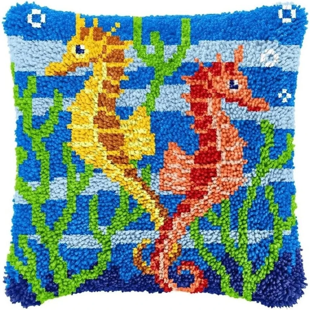 Seahorse Swan Latch Hook Kit for Pillow Cover DIY Carpet Embroidery with Wool Yarn Beginner-Friendly Craft Set Cross stitch kit
