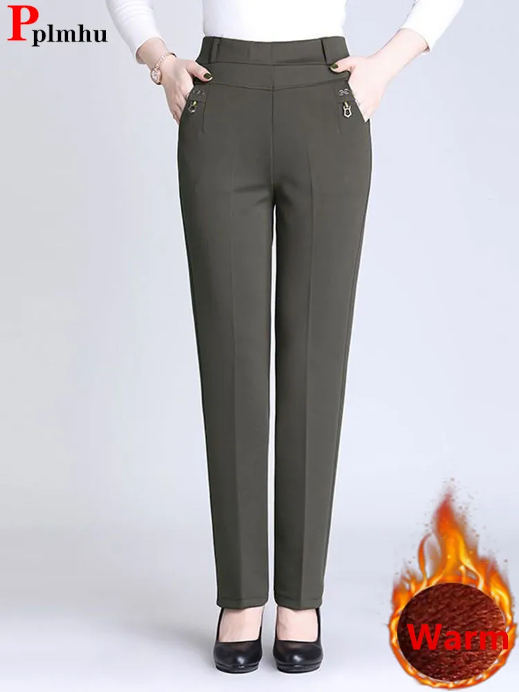 

Winter Baggy Velvet Lined Straight Pants Warm Thick Elastic High Waist Pantalones Big Size Plush Ankle-length Casual Trousers