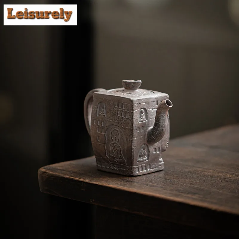 150ml Thousand Buddha Square Teapot Japanese Old Rock Mud Tea Infuser Pot Tea Brewing Kettle With Filter Teaware Collection Gift