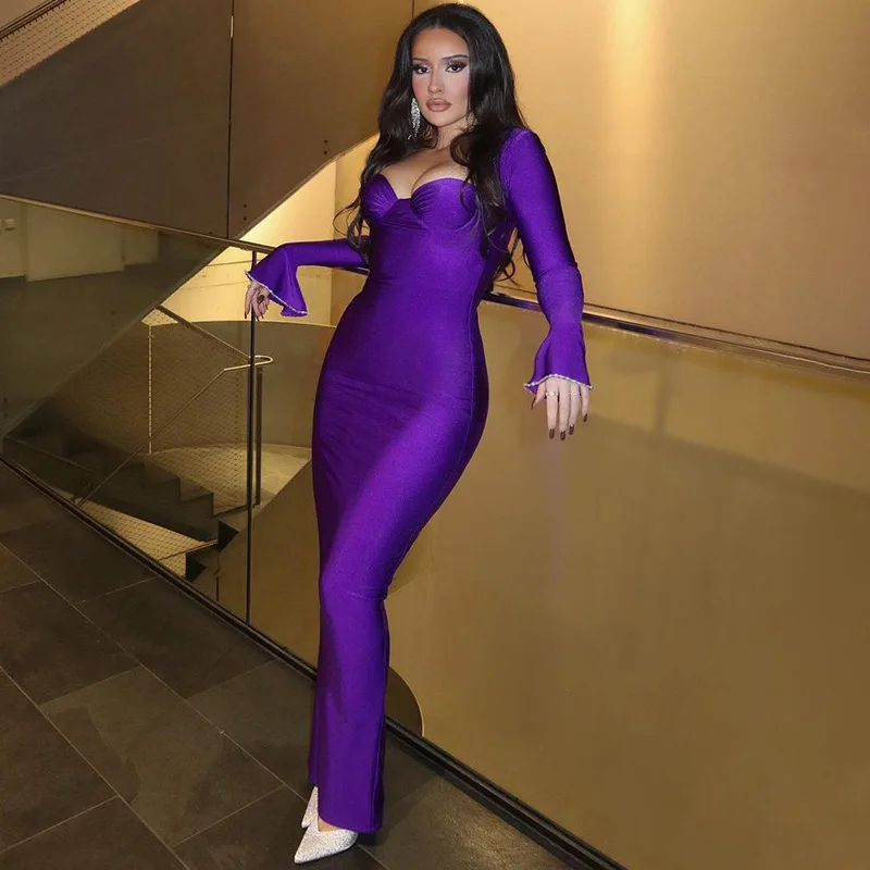 Women's Autumn New Solid Color Slimming Sexy Chest Wrapping Hot Diamond Trumpet Sleeve Temperament Hip Wrapping Dress