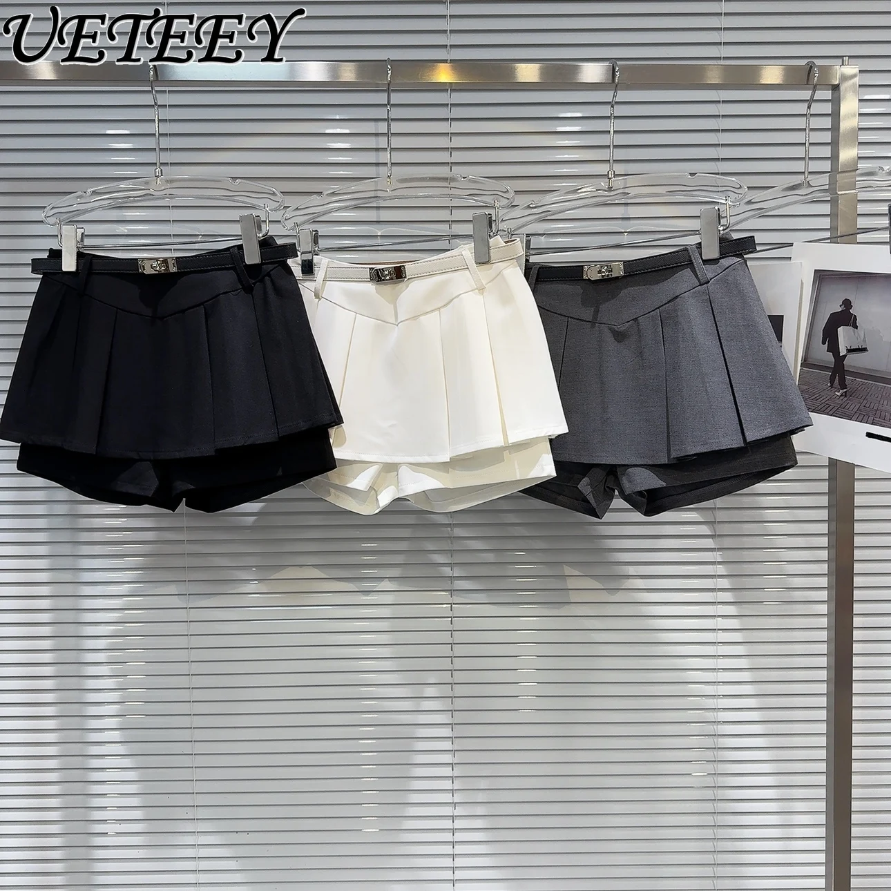 

Cute Girl's Solid Color Mini Skirt Summer New Buckle Belt Anti-Slip Underpants Exposed Sweet Short Pleated Skirts for Women