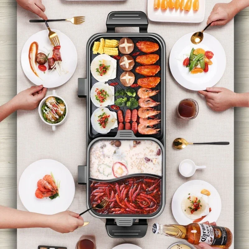 Electric Grill Pan Household Non-stick Smokless Indoor Barbecue Machine Chaffy Dish Double-flavor Hot Pot Parrilla El&eacute;ctrica