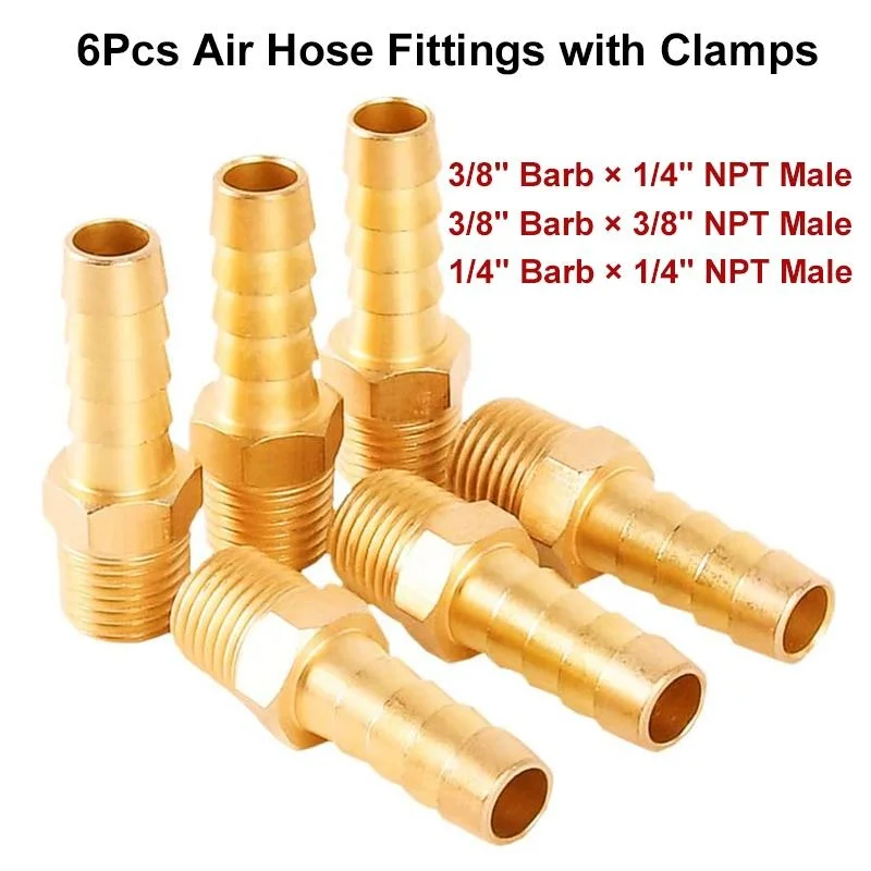 

6Pcs Barb Hose Fittings with Clamps Brass Male Thread Air Hose Connector 1/4" 3/8" Barb to 3/8" 1/4" NPT Pipe Fitting Adapter