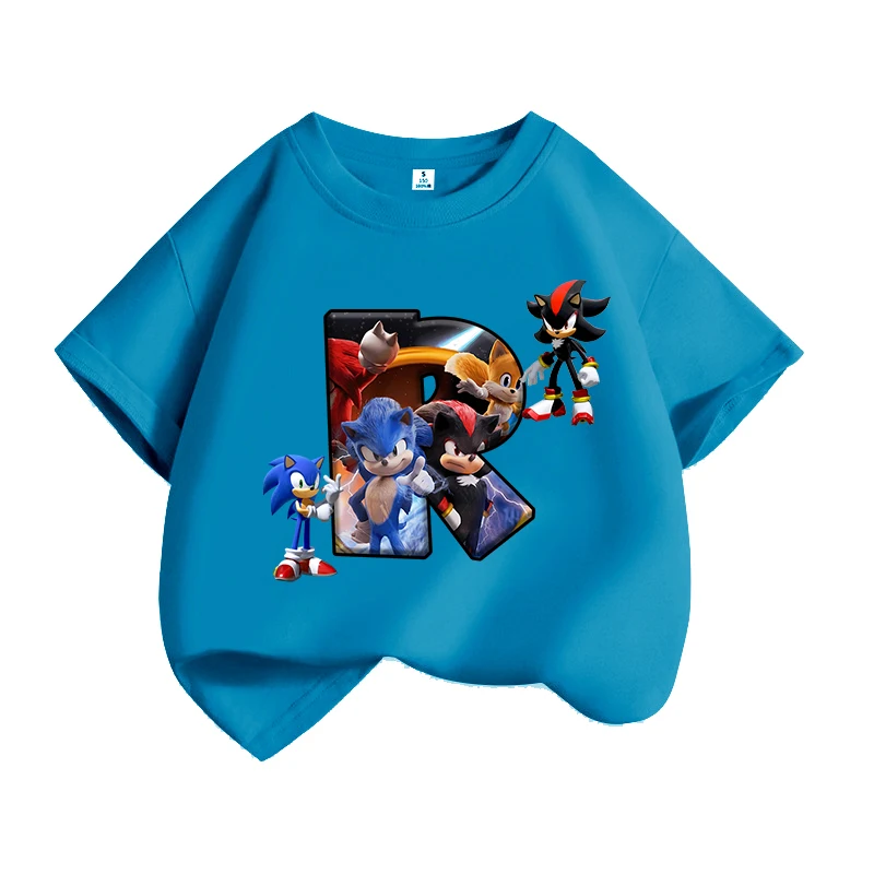 thumbnail image 1 of Nuevas camisetas de Sonics para niños, camisetas de algodón con letras impresas de Anime de la A a la Z, ropa de moda para niños y niñas, camisetas de verano, regalo de cumpleaños, 1 of 5