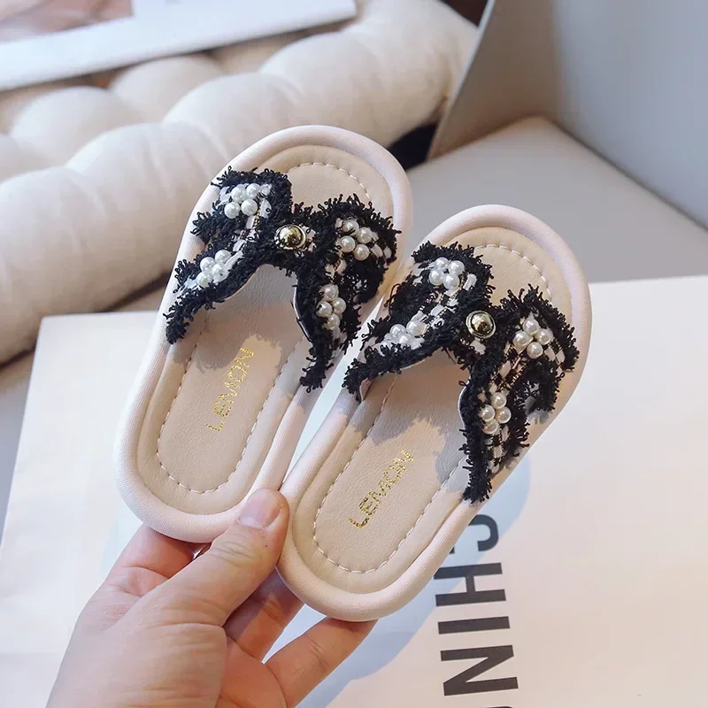 Children Slippers Summer Kids Chic Checkered Princess Sandals with Simple Pearl Sweet Fashion Elegant Slippers for Kids Outdoor