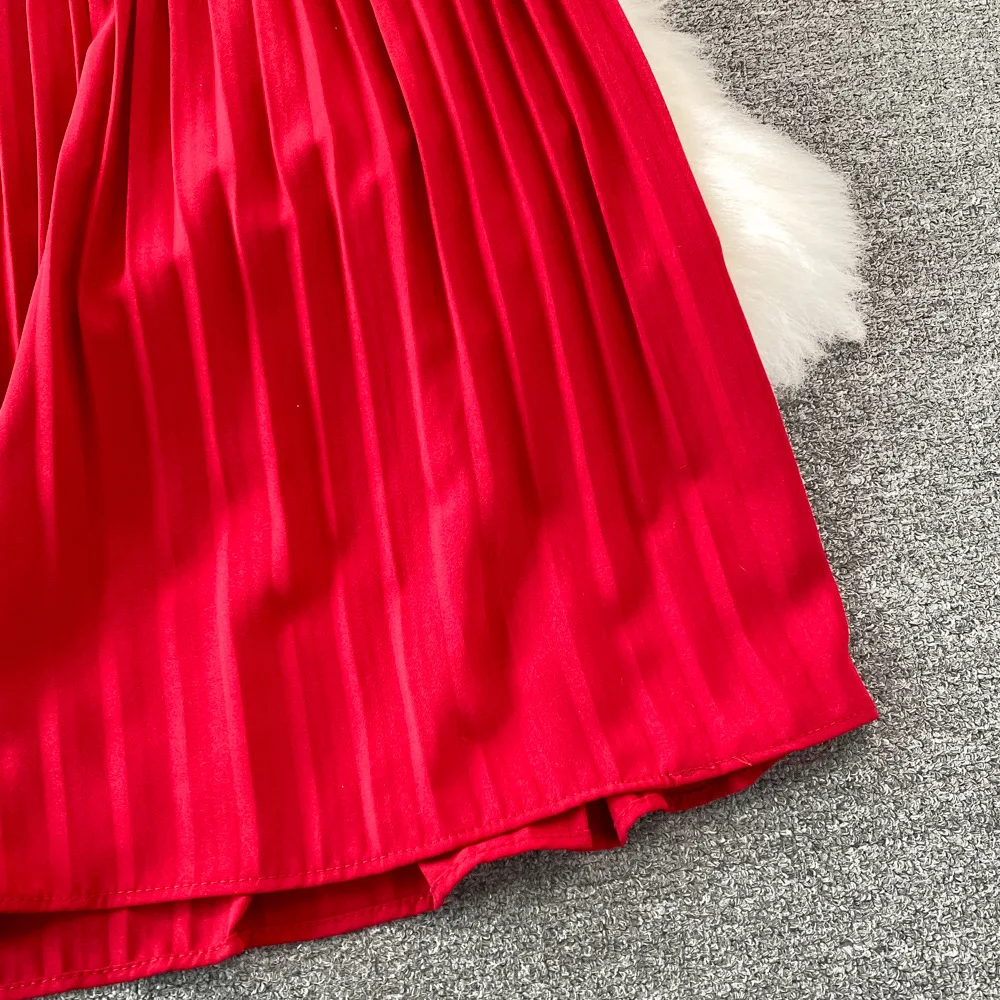 Women Elegant Pleated Dress Summer Short Sleeve V-neck Vintage Dresses Ladies A Line High Waisted Midi Dress