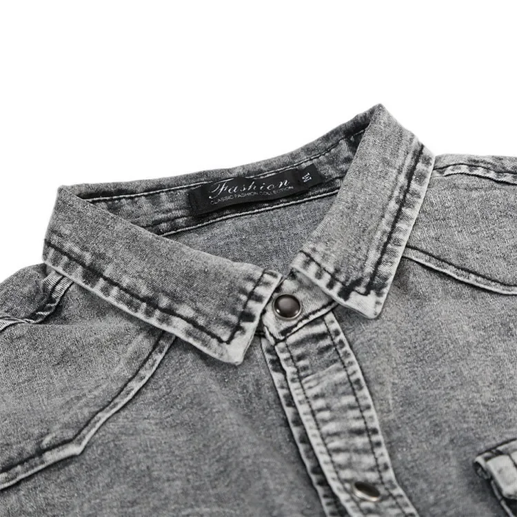 Men Denim Shirt Cotton Jeans Overshirt Slim Fit Long Sleeve Gray Washed Cowboy Shirts Tops M-3Xl