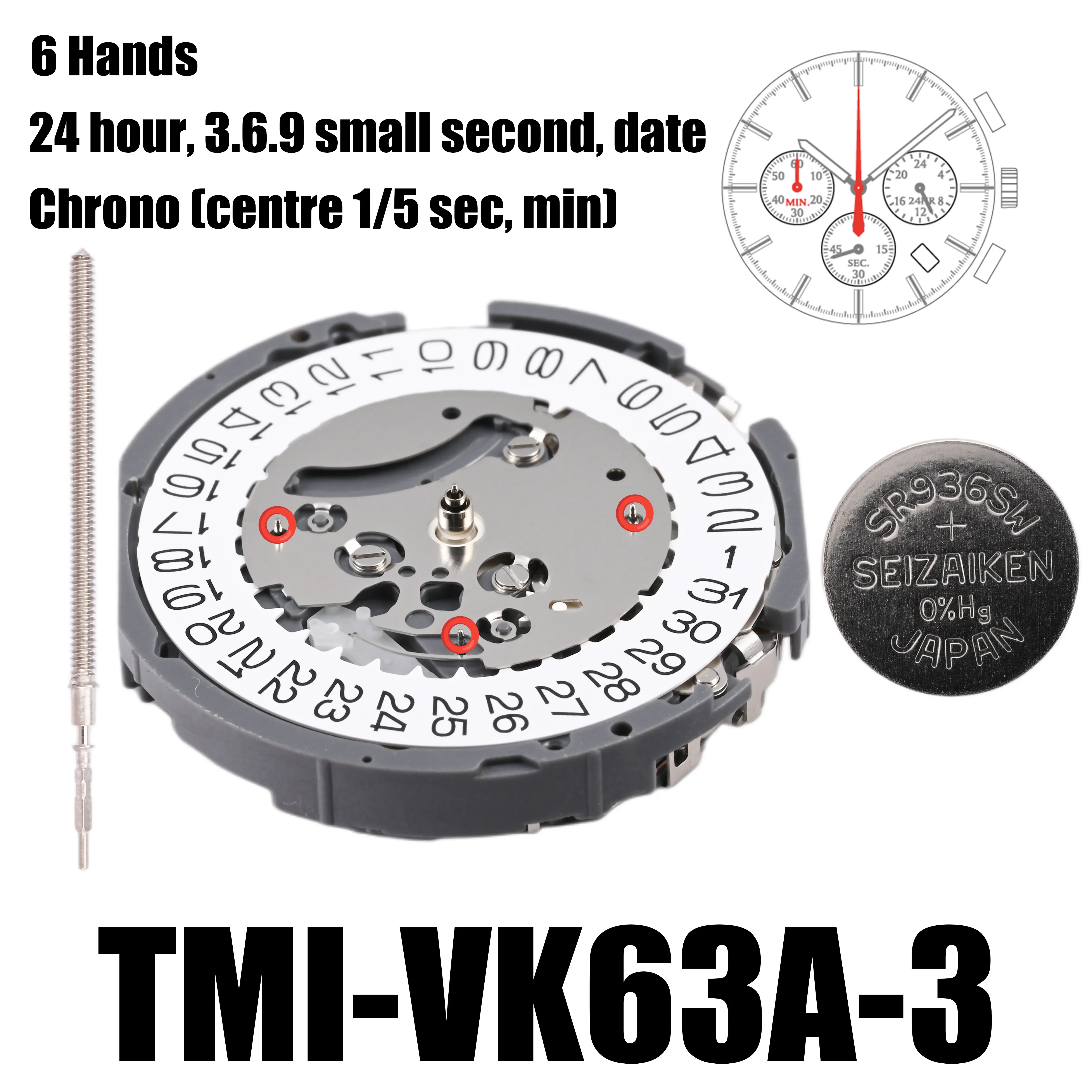 Watch Movement Quartz Watch Movement Quartz Movement Japan Seiko VK63 VK63A High Accuracy Chronograph Three Hands With Date 24Hour Multifunctional