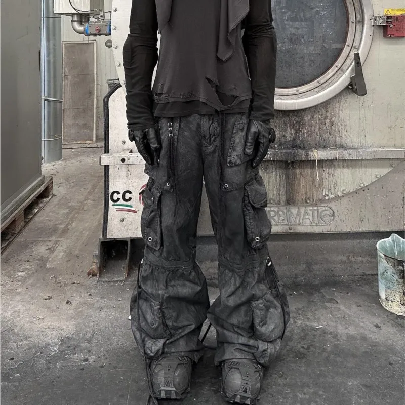 

Wasteland Style Heavy Industry Avant-Garde Distressed Dirty Dyed Multi-Pocket Wide-Leg Pants Men's Trousers