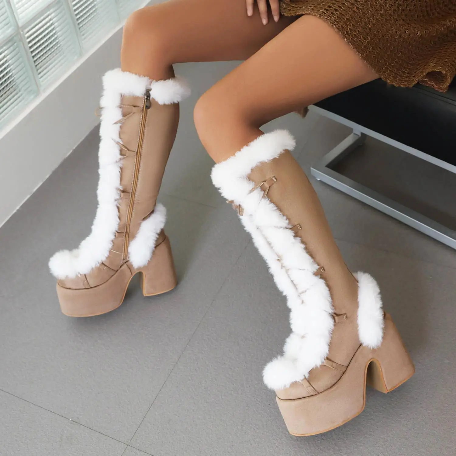 

Woman Square High Heel Knee High Warmful Boots Round Toe Lace Up Female Brown Black White Platform Boots