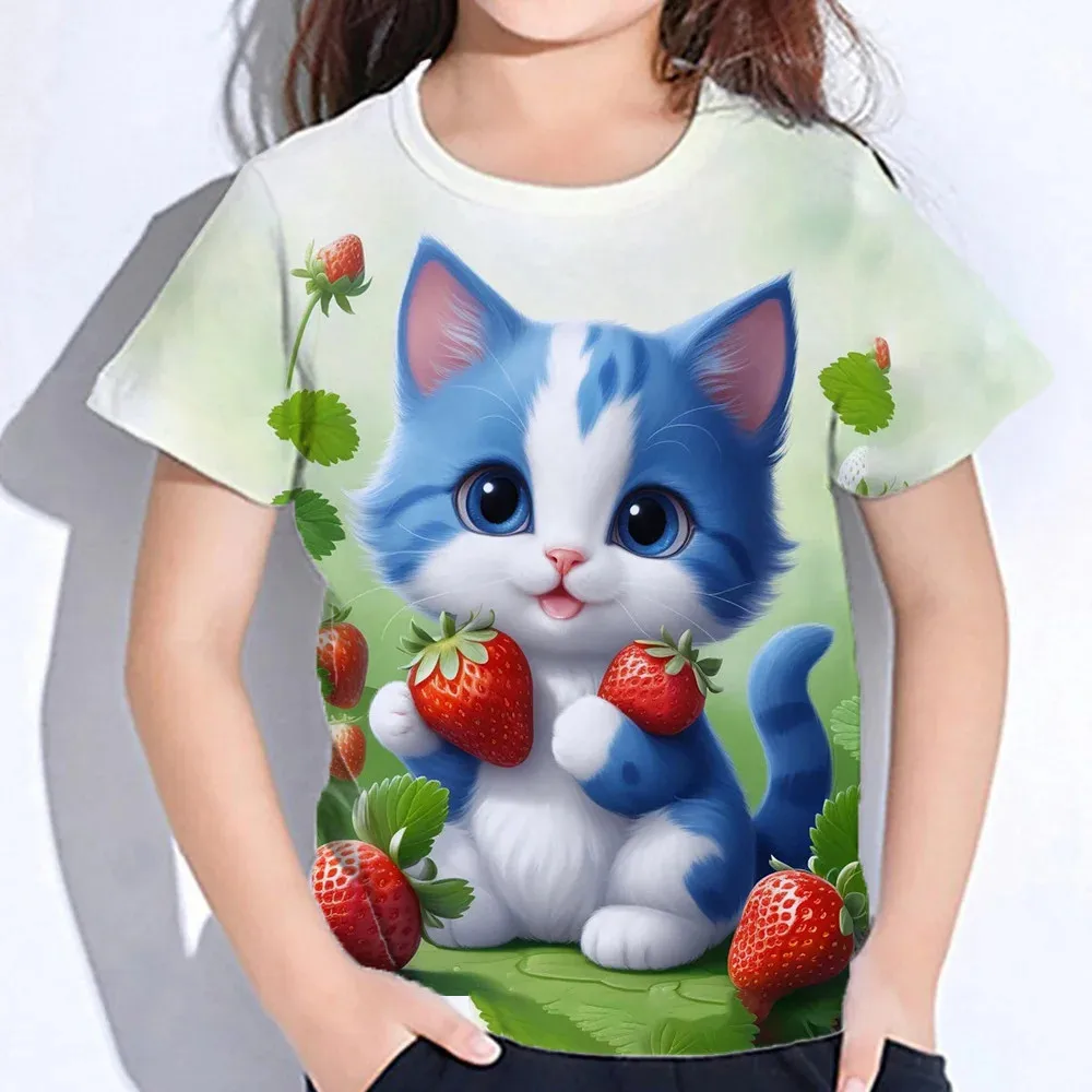 Children's Clothes 3d Print Kawaii Cat Pattern T Shirts Short Sleeve Tops 2024 Kids Clothing Girls Boys Clothes 2 To 8 Years 2