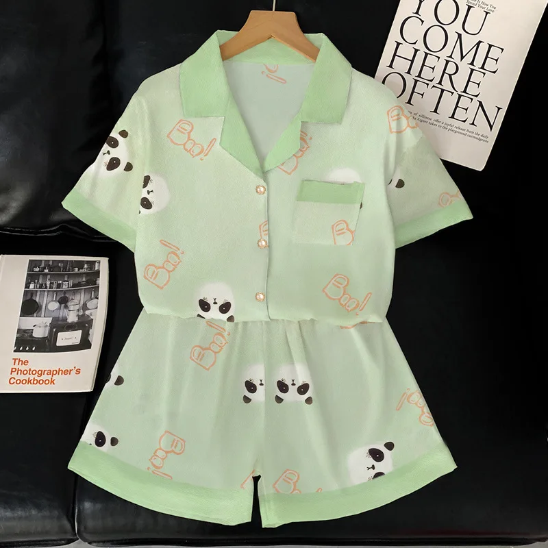Summer Women's Ice Silk Fashion New Cartoon Pajamas Homewear Set Girls Color Collision Lapel Short-Sleeved Casual Homewear Set 22 Summer Women's Ice Silk Fashion New Cartoon Pajamas Homewear Set Girls Color Collision Lapel Short-Sleeved Casual Homewear Set - Image 2