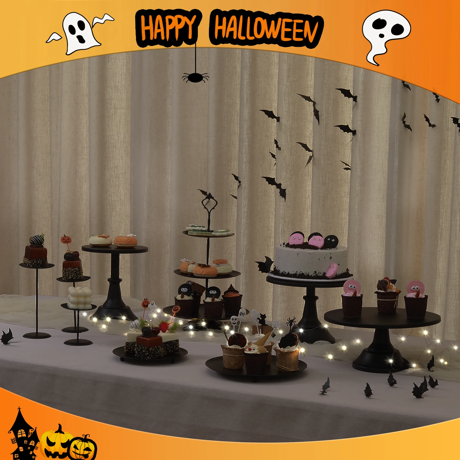 9Pcs Black Cake Stand Set with Halloween Decorations- LED String Lights, Dessert Table Display Set, Cupcake Stands for Party