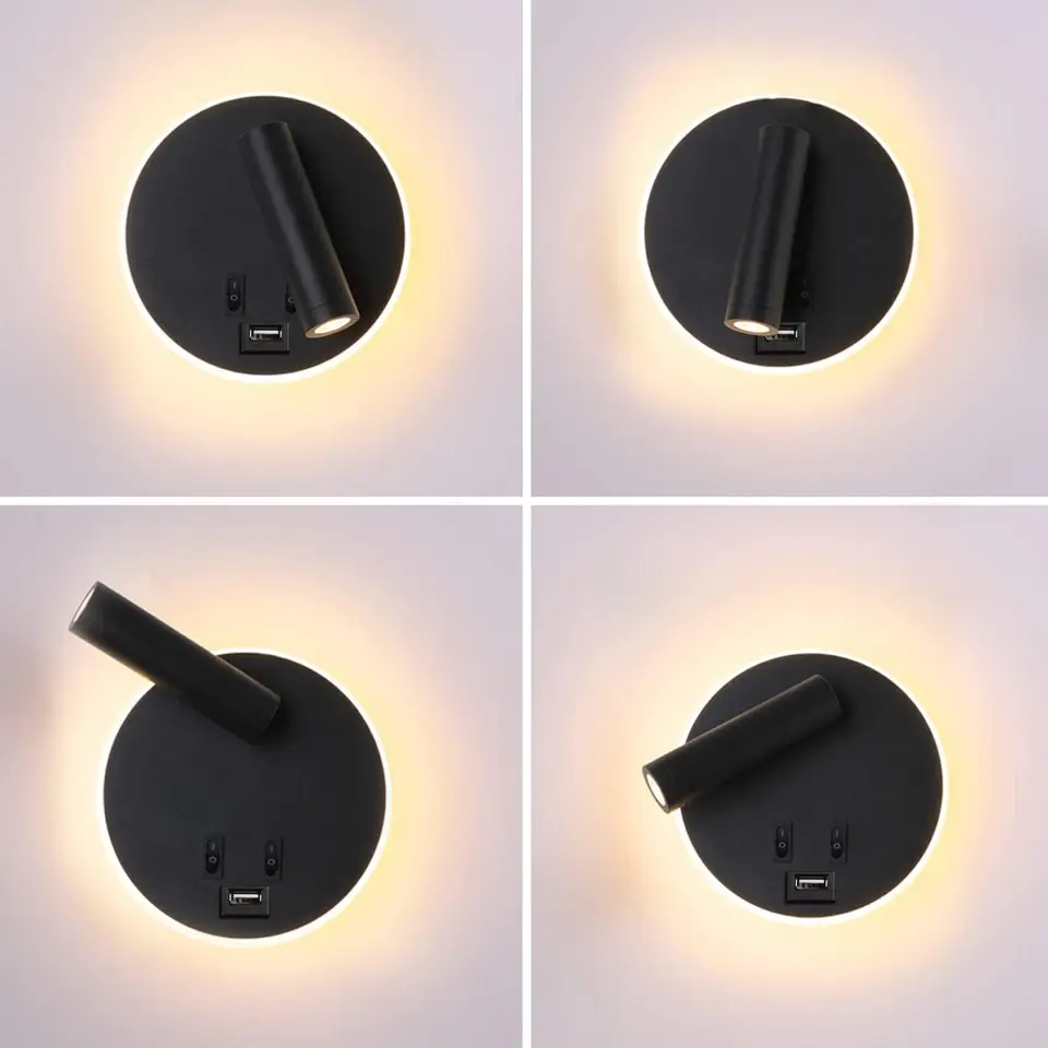 Lampada Da Comodino A LED Con Ricarica USB E 2 Faretti Girevoli 330° - 12W 3000K, Alluminio