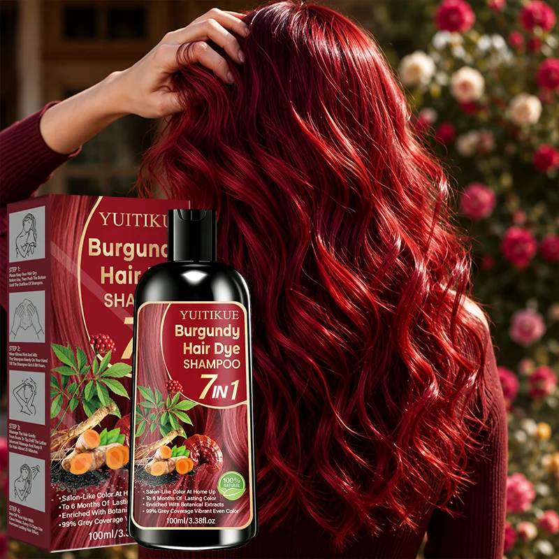 Shampoo colorante per capelli bordeaux 7 in 1 con estratti vegetali naturali, copre i capelli grigi, colore vibrante a lunga durata, trattamento per la cura dei capelli a casa.
