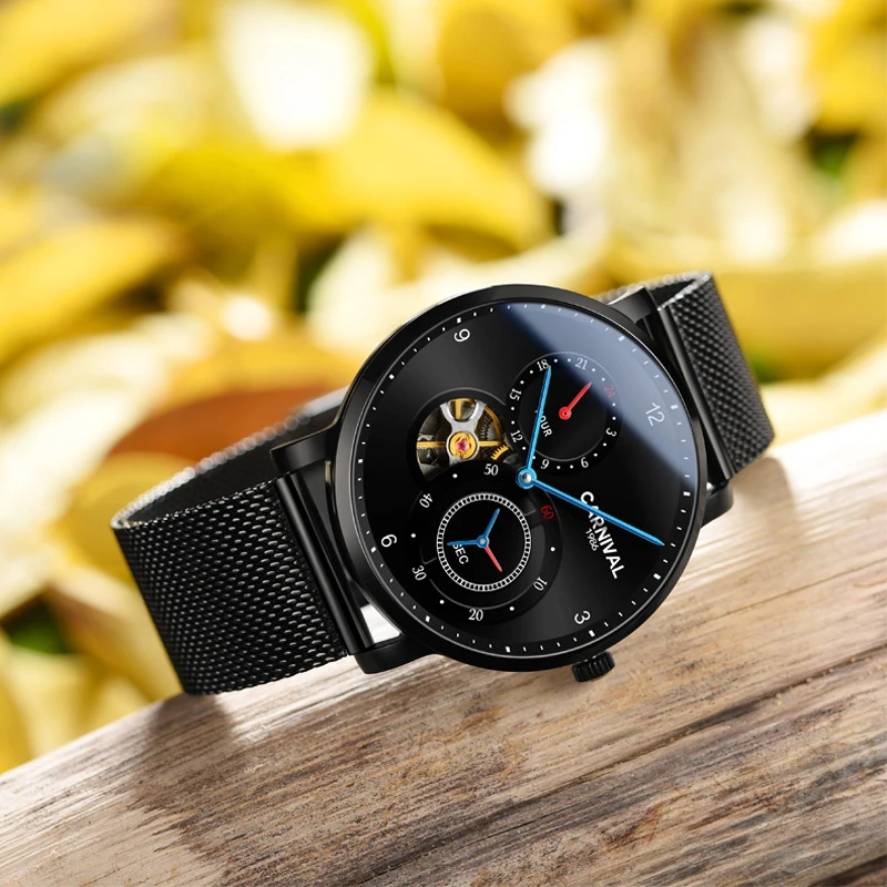 Carnival Brand Fashion Mechanical Watch for Men Small Seconds 24 Hours Automatic Movement Casual Wristwatch 30m Waterproof Reloj