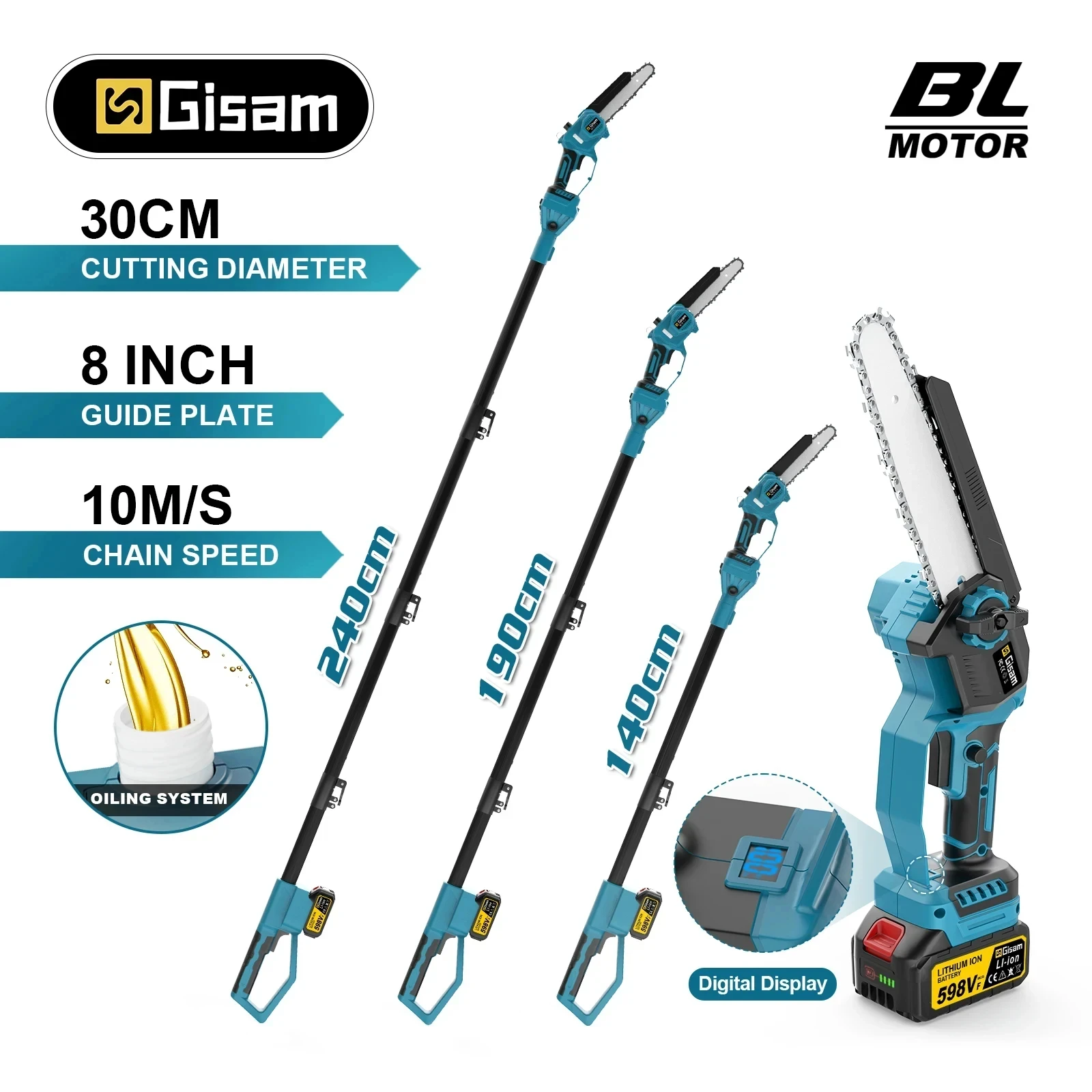 GISAM Brushless Telescoping Pole Chainsaw, 8 inch electric high branch saw, garden pruning power tool compatible with Makita 18V battery pin